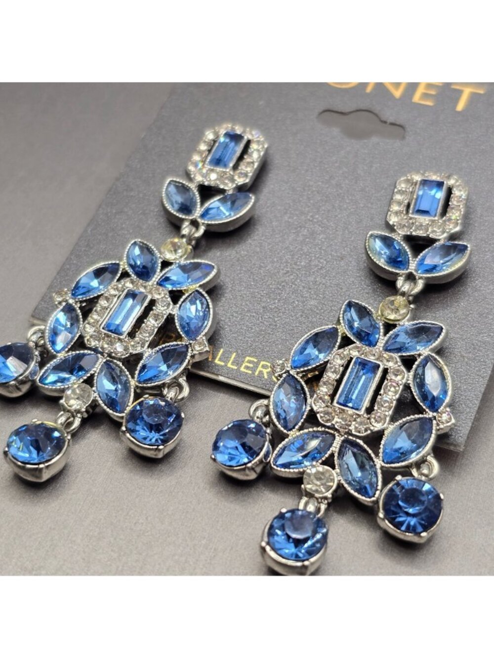 Monet Blue Chandelier Earrings Silver Tone Crystal Rhinestone Wedding Event 2.5" - Picture 2 of 6